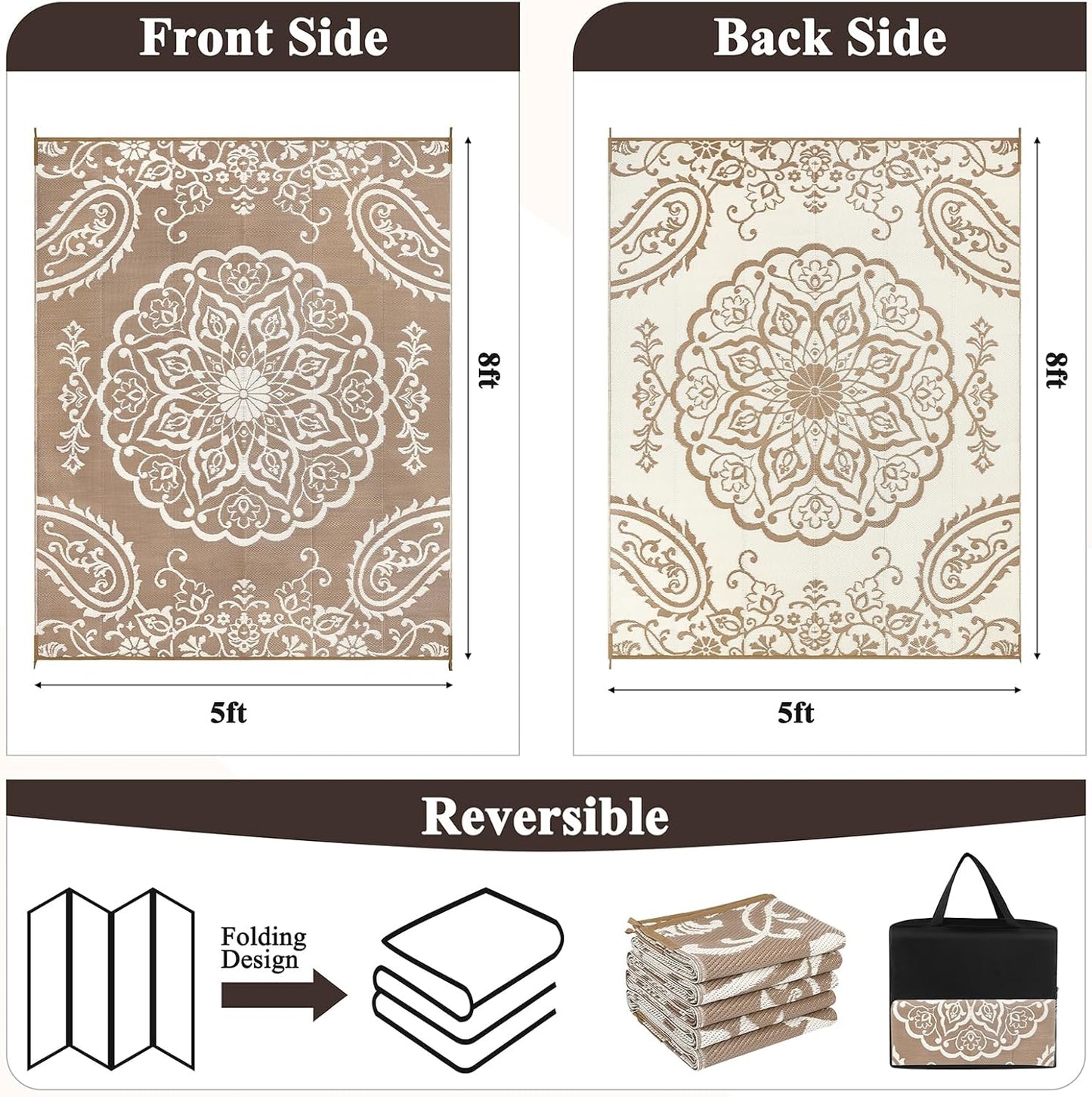 Pauwer Waterproof Outdoor Rug 5x8, Reversible Plastic Straw Patio Camping Rug, Indoor Outdoor RV Mat Carpet for Deck, Camper, Porch, Balcony, Backyard, Picnic, Boho Brown