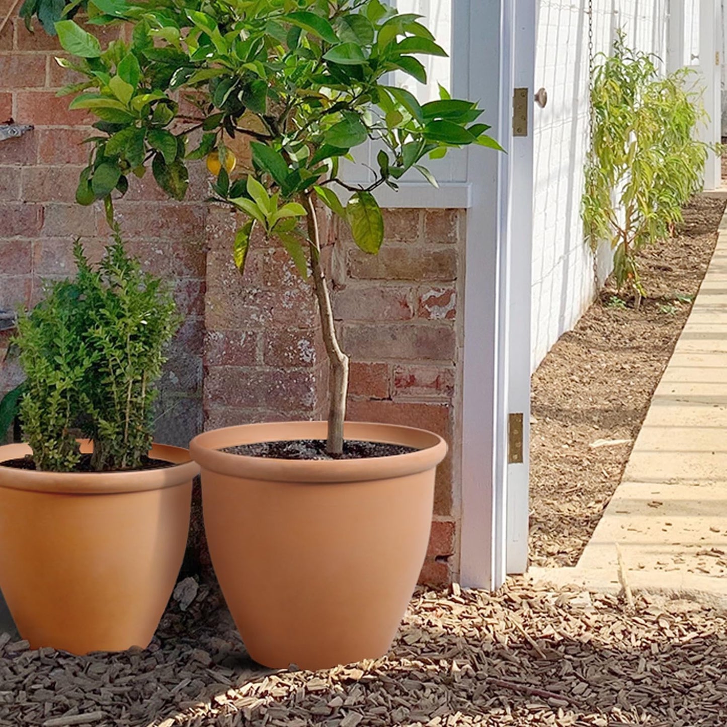 WORTH Garden 2-Pack 15" Dia. Round Planters - Large Terracotta Color Plastic Pots for Indoor & Outdoor Plants - Lightweight Decorative Flower Containers for Porch, Patio, Yard, or Deck