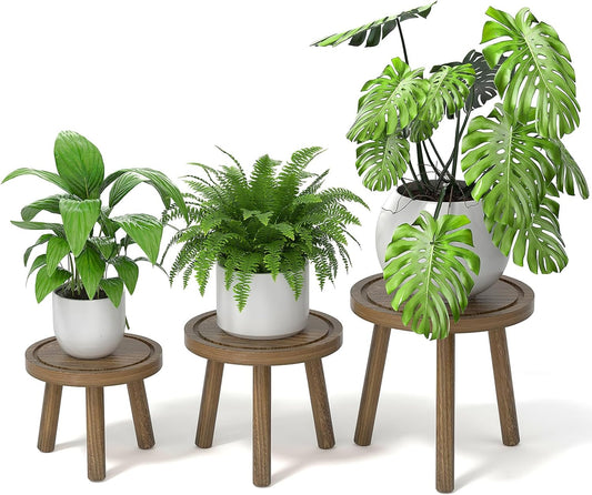 3-Pack Wood Plant Stands Indoor, Single Plant Stand for 6-12 Inch Pots, Mid-Century Modern Plant Stool, Tall Plant Stand for Large Plants for Living Room, Balcony, Office (Dark Gray)