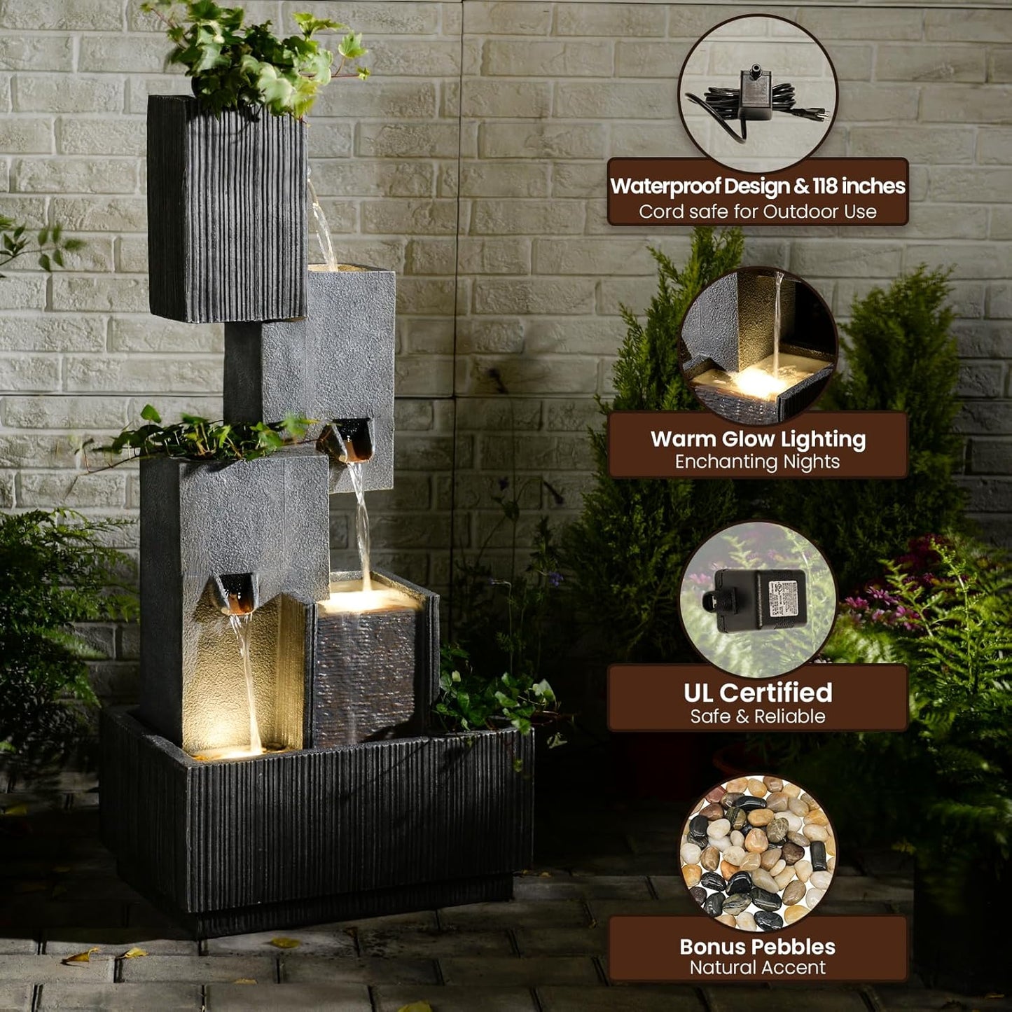 42" H Outdoor Water Fountain Garden Waterfalls - Large Water Feature Geometric Stacking Waterfall Fountains Planter with Lights for Patio Backyard Deck Porch Deck and Home Decor, Gray