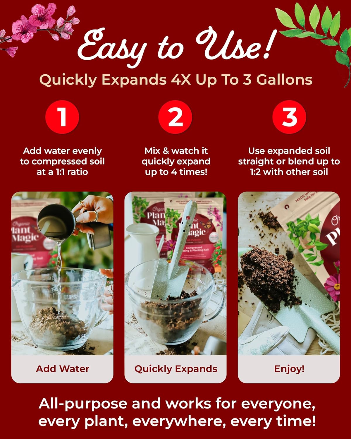 Compressed Organic Potting Soil for Garden, Plants & Vegetables - Expands 4x When Mixed with Water - Indoor or Outdoor Use - Plant Food Mix Derived from Natural Coconut Coir & Worm Castings Fertilizer