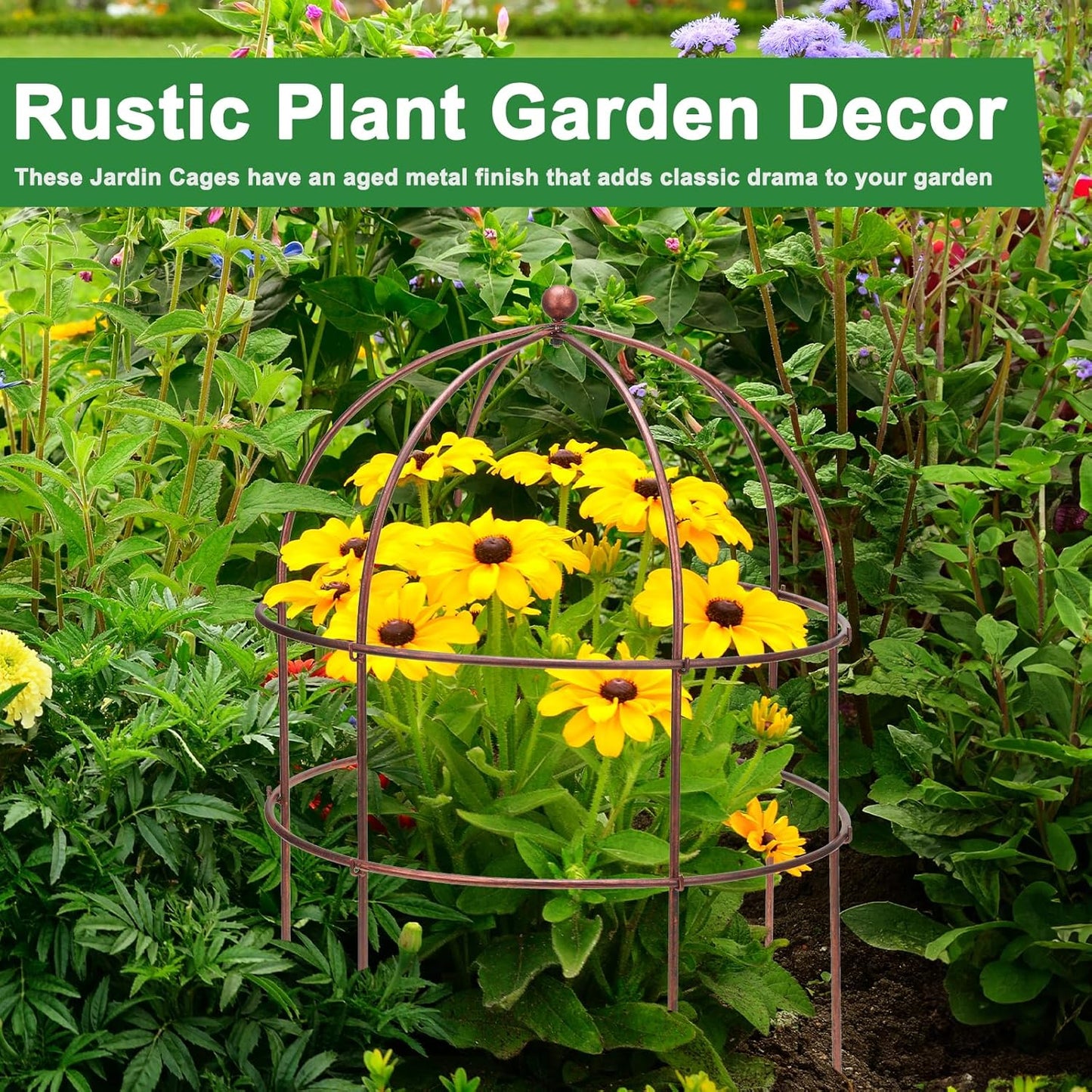 2 Pcs Jardin Bird Cage Plant Support 25" H Large Sturdy Grow-Through Flower Support Peony Cage Climbing Plant Support Trellis Sculptural Garden Decor for Perennial Flowers Vintage Gold