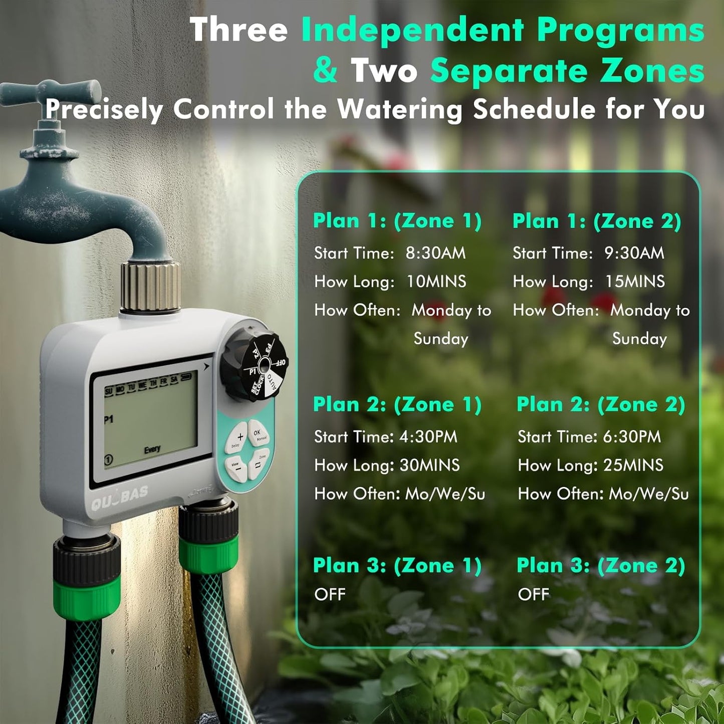 QUOBAS Weekly Plan 2 Zone Sprinkler Timer with Metal Inlet & Outlet, Water Timer for Garden Hose with Rain Delay/Manual Watering/Automatic Watering Controller System for Watering Lawn, Yard, Garden