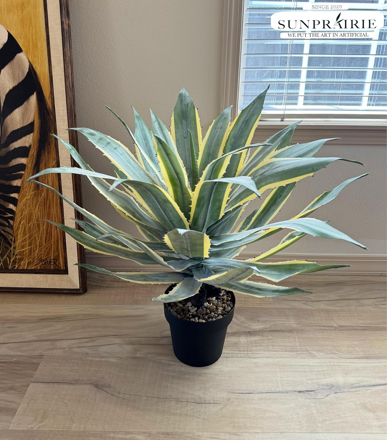 SUNPRAIRIE 32 Inch Tall Large Faux Agave Plant with Two-Tone Sawtooth Edged Leaves; Planted in Black Pot with Real Stone Pebbles. Large Artificial Plants Indoor and Outdoor.