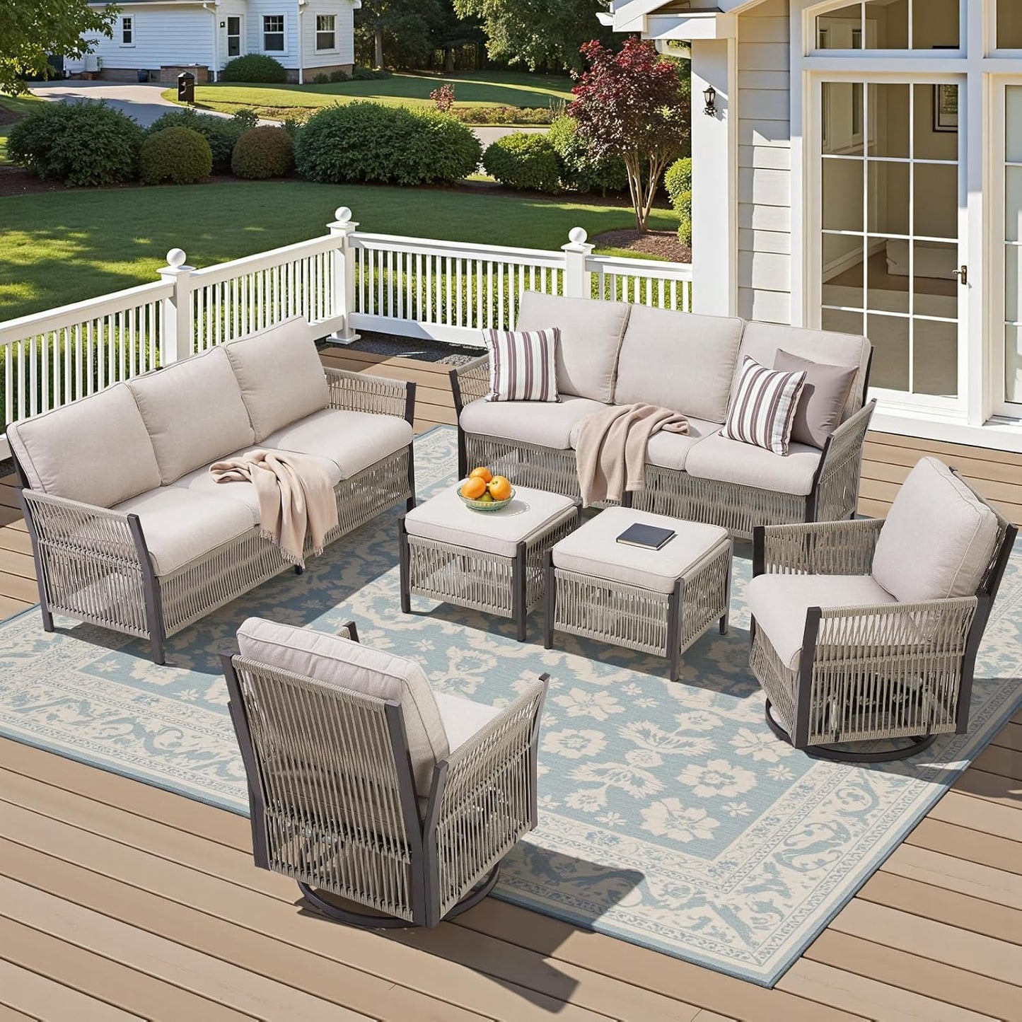 Patio Furniture Wicker Outdoor Conversation Set, 6-Piece All Weather Patio Furniture Rattan 2 Sofa Sets w/Swivel Rocking Chairs & Ottomans, Side Table for Backyard, Balcony, Deck - Beige