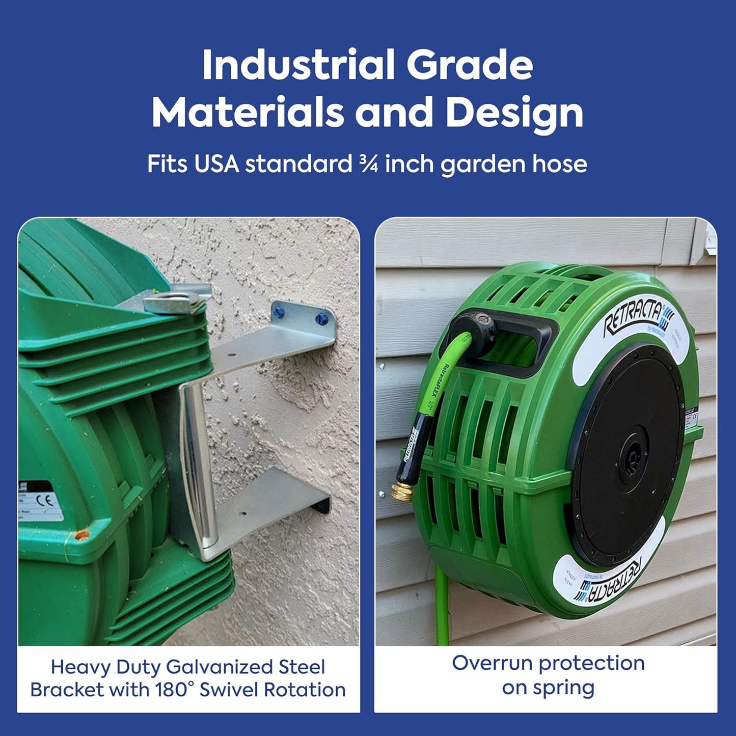 Macnaught Retractable Garden Hose Reel, 60 Ft Water Hose Reel Heavy Duty Retractable Hose with Metal 180° Swivel Rotation Bracket for Wall Mount - Green