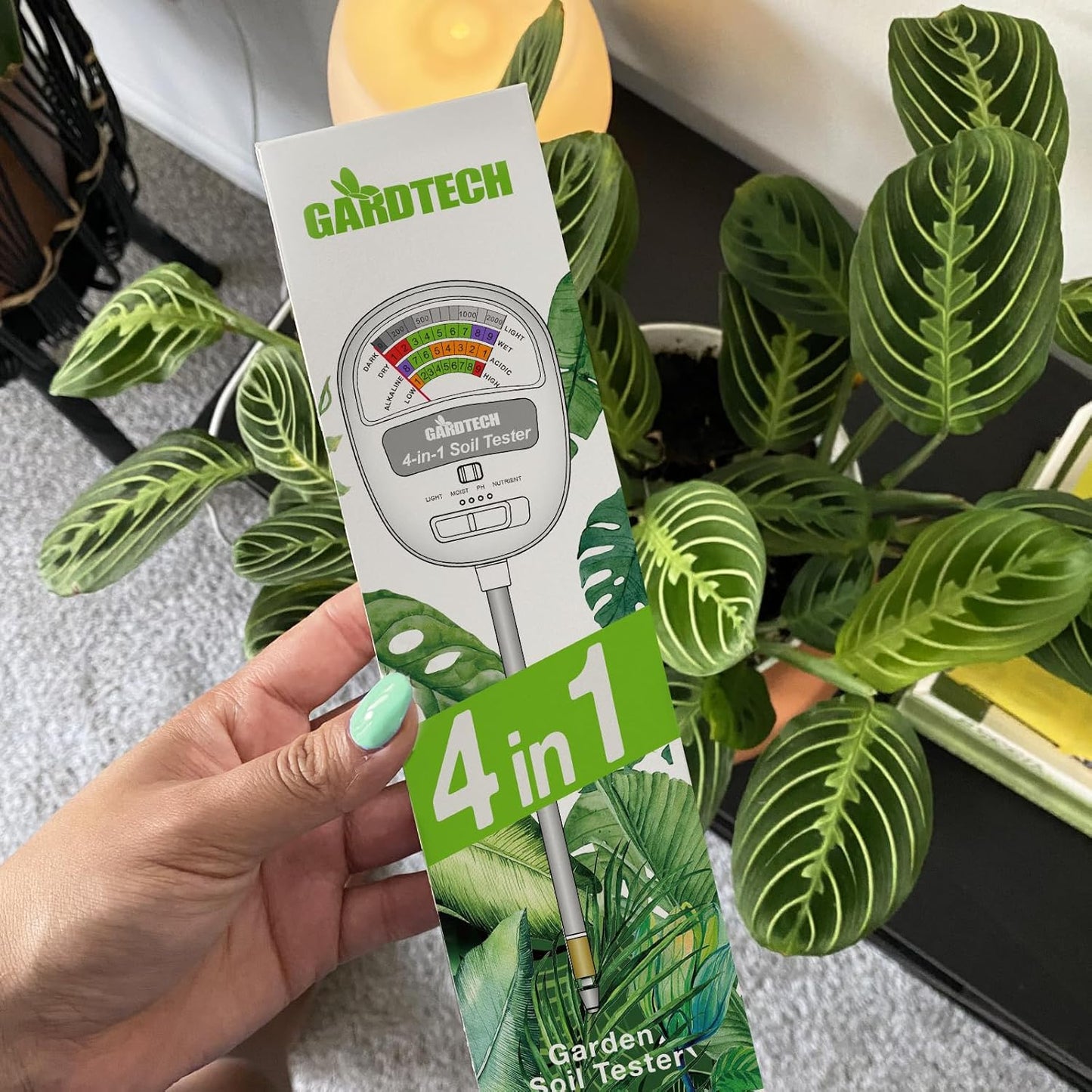 Gardtech Soil Moisture Meter - 4-in-1 Soil Test Kit Without Battery, Soil Moisture/Light/Nutrients/pH Meter for Plant, Garden, Lawn, Indoor & Outdoor (White)