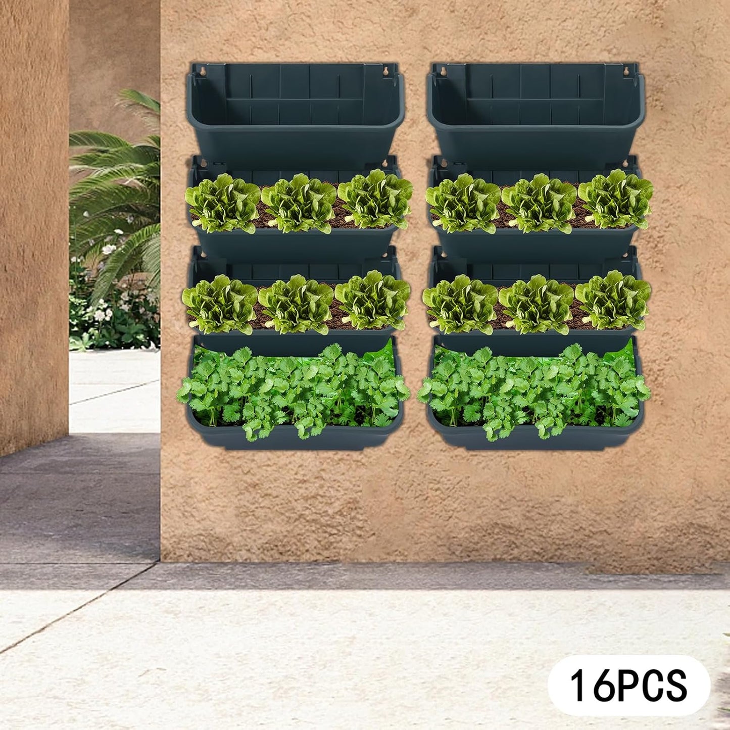 Vertical Wall Planter, Wall-Mounted Living Garden Planter with 16 Plastic Pots Stackable Wall Hanging Flower Pot Clasp Design for Vegetables Flowers (Army Green 16)