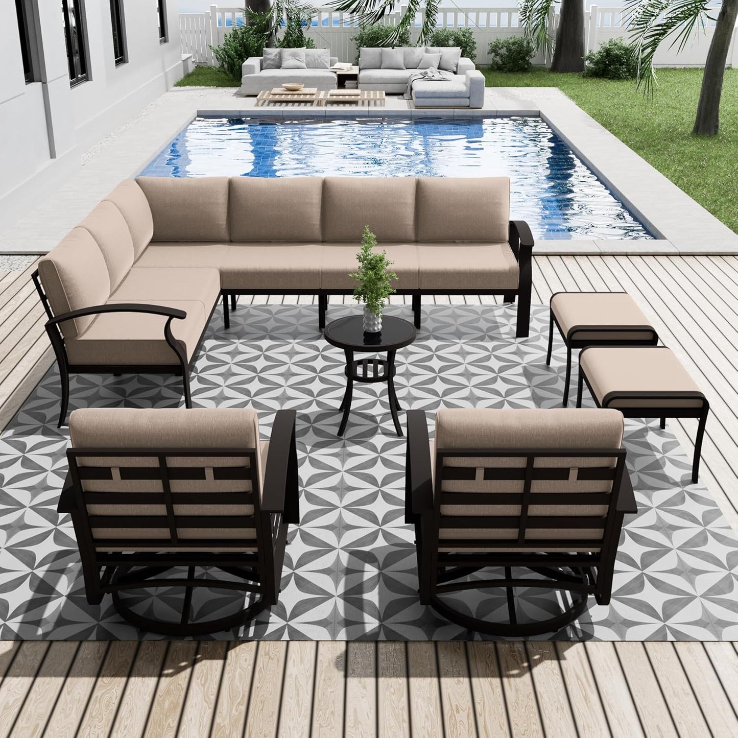 Aluminum Patio Furniture Set, 10 Seats Outdoor Patio Conversation Set with Swivel Chair Modern Metal Patio Sectional Sofa with Coffee Table for Patio, Backyard(Sand).