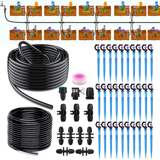 82FT/25M Rotary Sprinkler Drip Irrigation System, Adjustable Complete Drip Irrigation Kit with Rotary Sprinkler, 1/2" and 1/4" Irrigation Tubing and Barbed Fittings for Garden,Raised Beds,Yard,Lawn