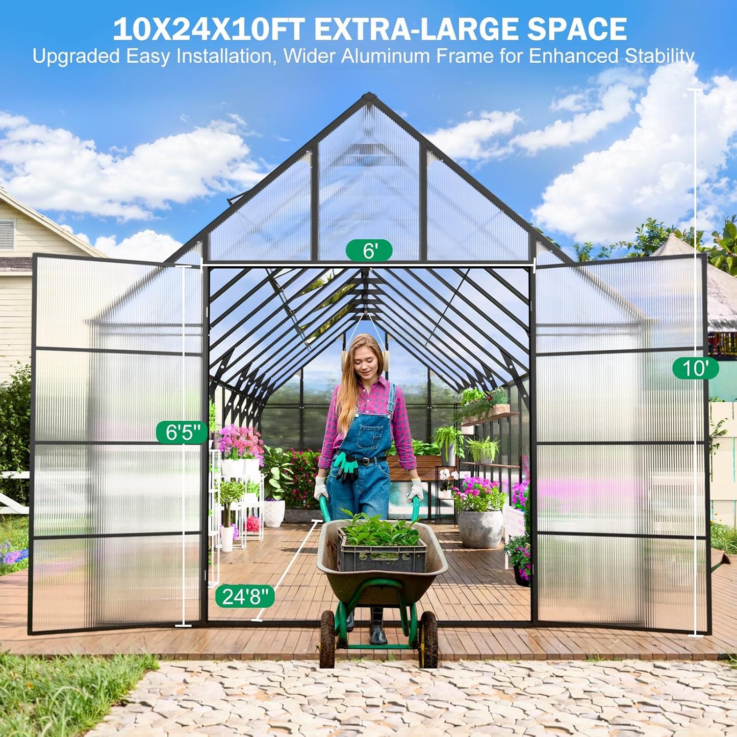 CDCASA 10x24 FT Greenhouse for Outdoors,Large Easy Assembly Thicker Aluminum Polycarbonate Greenhouses w/5 Windows, Double Door, Walk-in Green House for Outside,Patio,Backyard,Garden