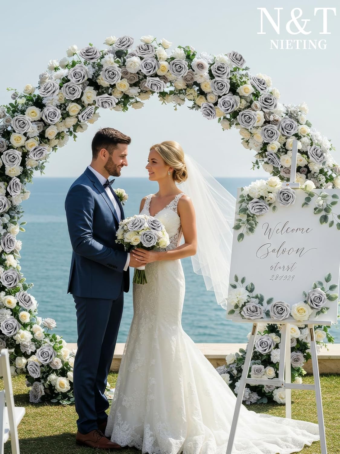 N&T NIETING Artificial Rose, 25pcs Gray Fake Foam Flowers with Stems for Wedding Party Baby Shower Cake Decoration, Home Display