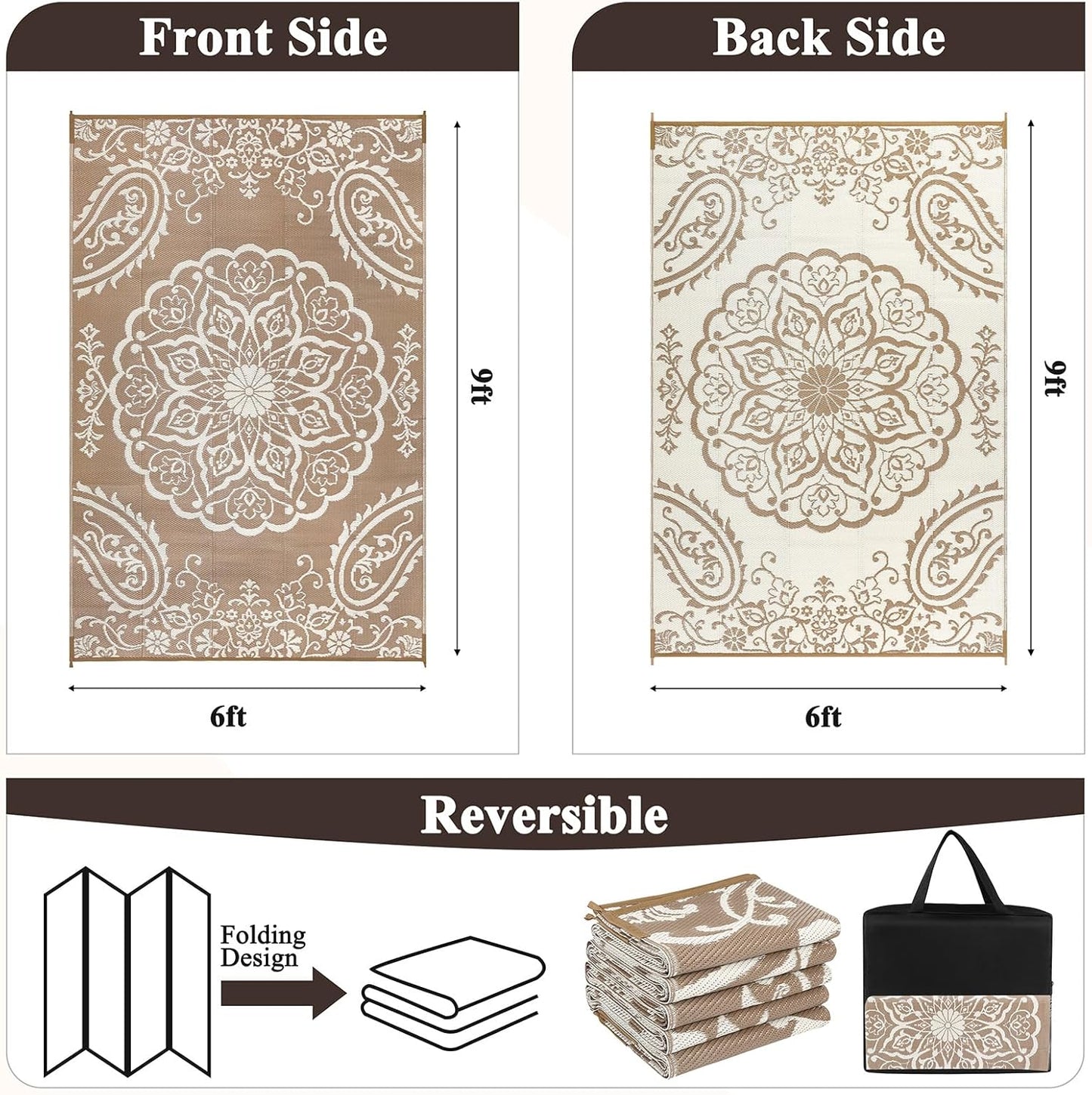 Pauwer Waterproof Outdoor Rug 6x9, Reversible Plastic Straw Patio Camping Rug, Indoor Outdoor RV Mat Carpet for Deck, Camper, Porch, Balcony, Backyard, Picnic, Boho Brown