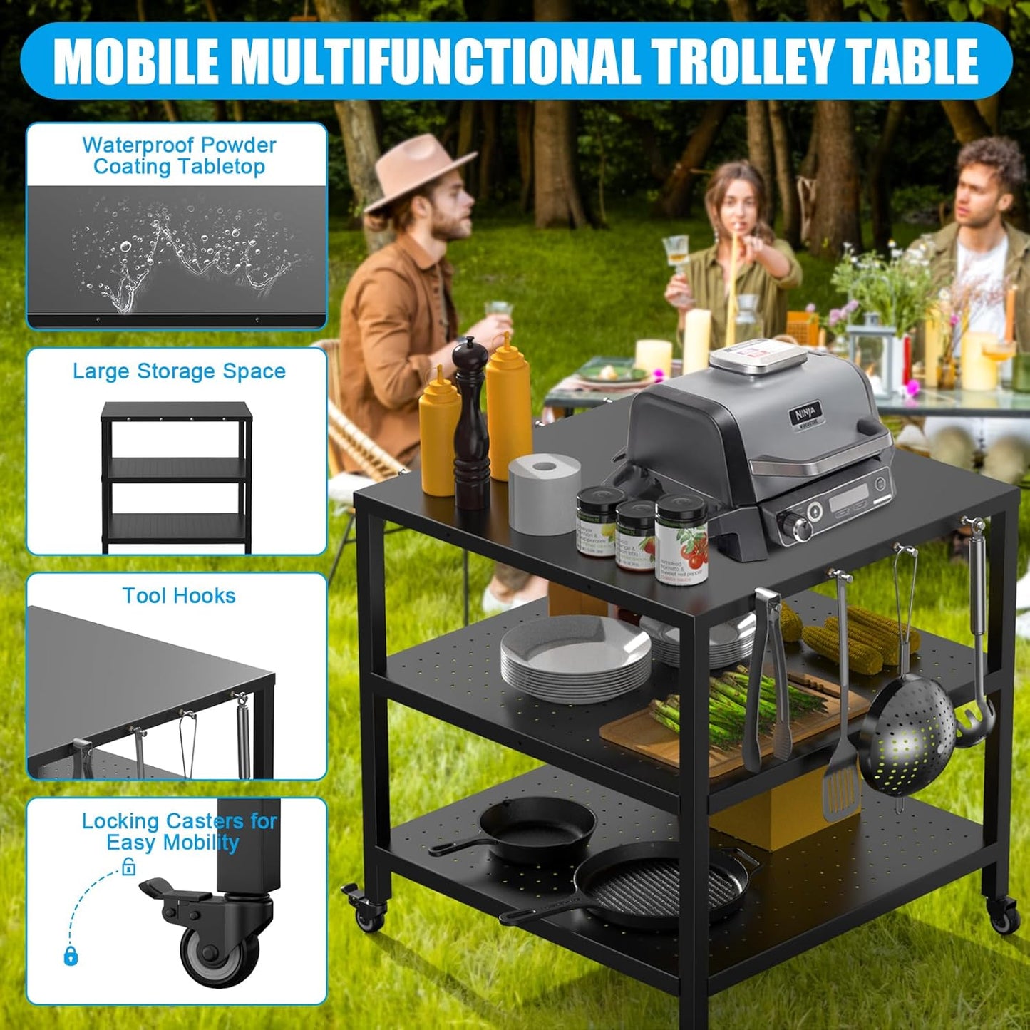 31x31x33 Inch Grill Cart for Outdoor Pizza Oven Table for Ooni, Blackstone, Ninja Grill Stand, Three-Shelf Movable Food Prep and Work Cart Station, Stainless Steel Trolley Table with Waterproof Cover