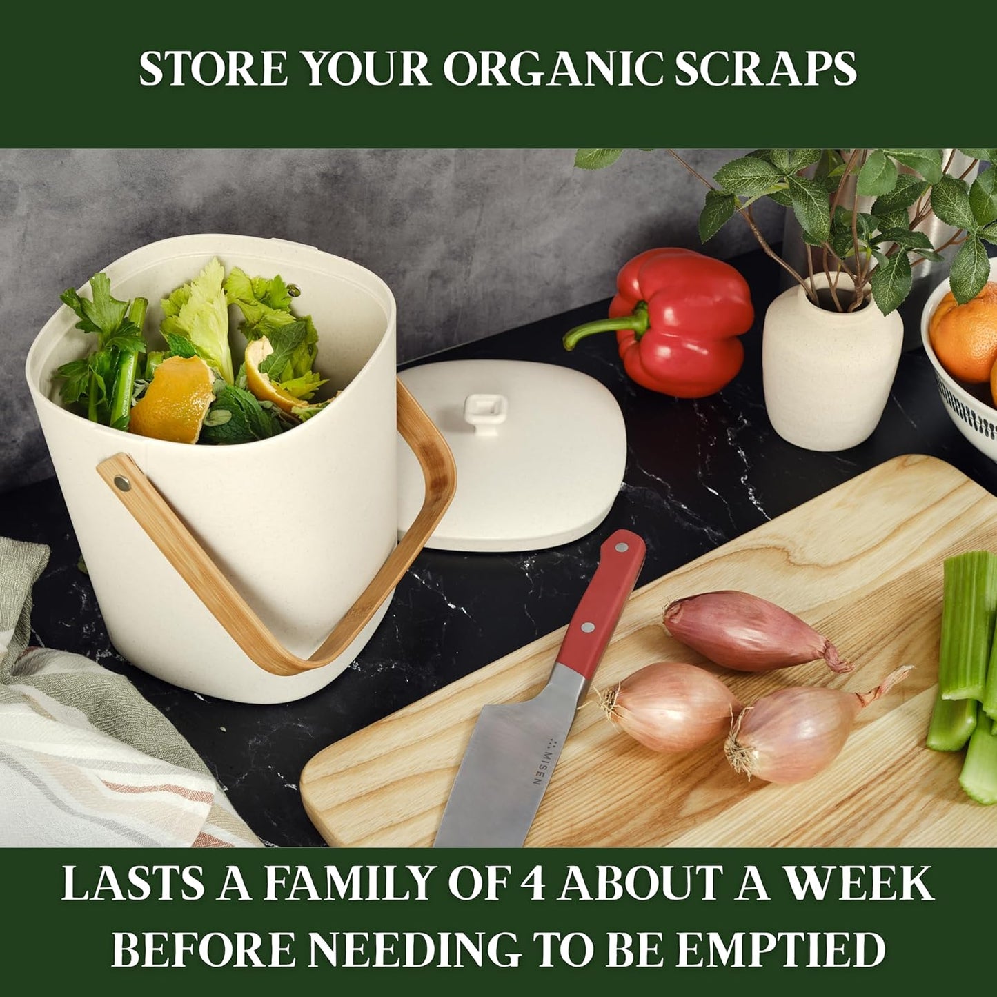 Bamboozle Countertop Compost Bin Kitchen | 1 Gallon | Odorless Composting Bin with Filters | Indoor Compost Bin with Lid | Plant Based Kitchen Composter for Food Scraps & Waste Recycling