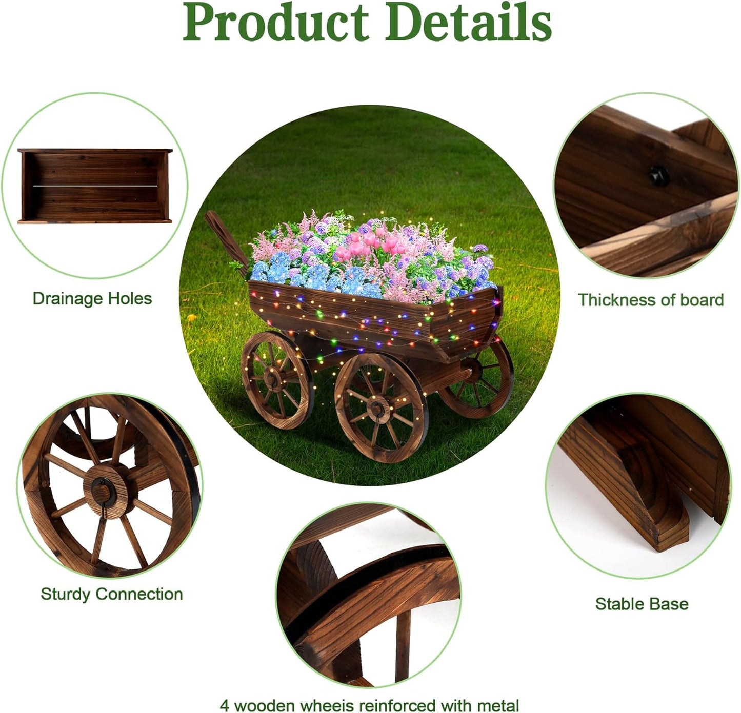 Wood Wagon Planter with Light for Outdoor Balcony Decor - Garden Rustic Wooden Flower Cart with Wheels for Outside Garden Decor Wheelbarrow Planter for Patio Christmas Decoration Gift Car