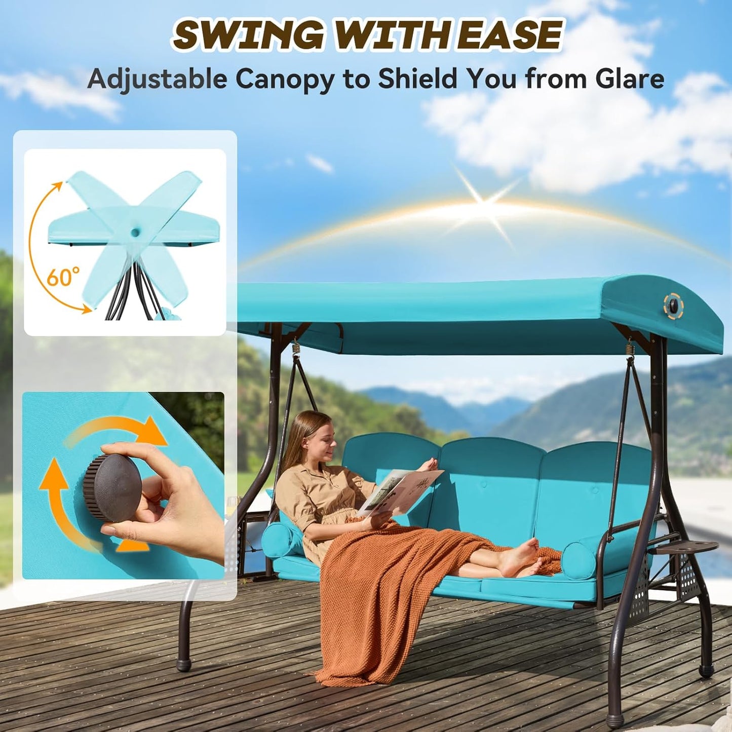 3 in 1 Patio Swing with Adjustable Canopy for Adults, 3 Seat Outdoor Swing with Thickened Cushions,Pillows & Cup Holders for Backyard, Porch, Garden (Lake Blue)