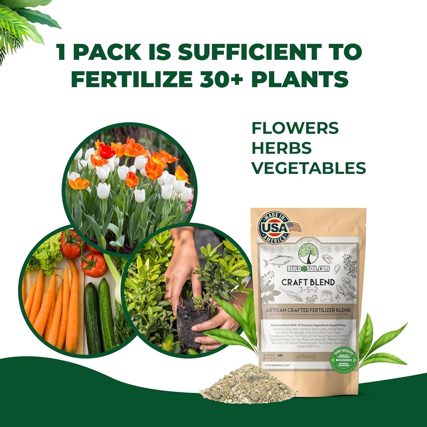BuildASoil Fertilizer for Vegetable Garden and Organic Plant Food | Hand-Crafted Organic Fertilizer with 15 Premium Ingredients | Ensures Larger Plants and More Fragrant Flowers (3 LB - Small Bag)