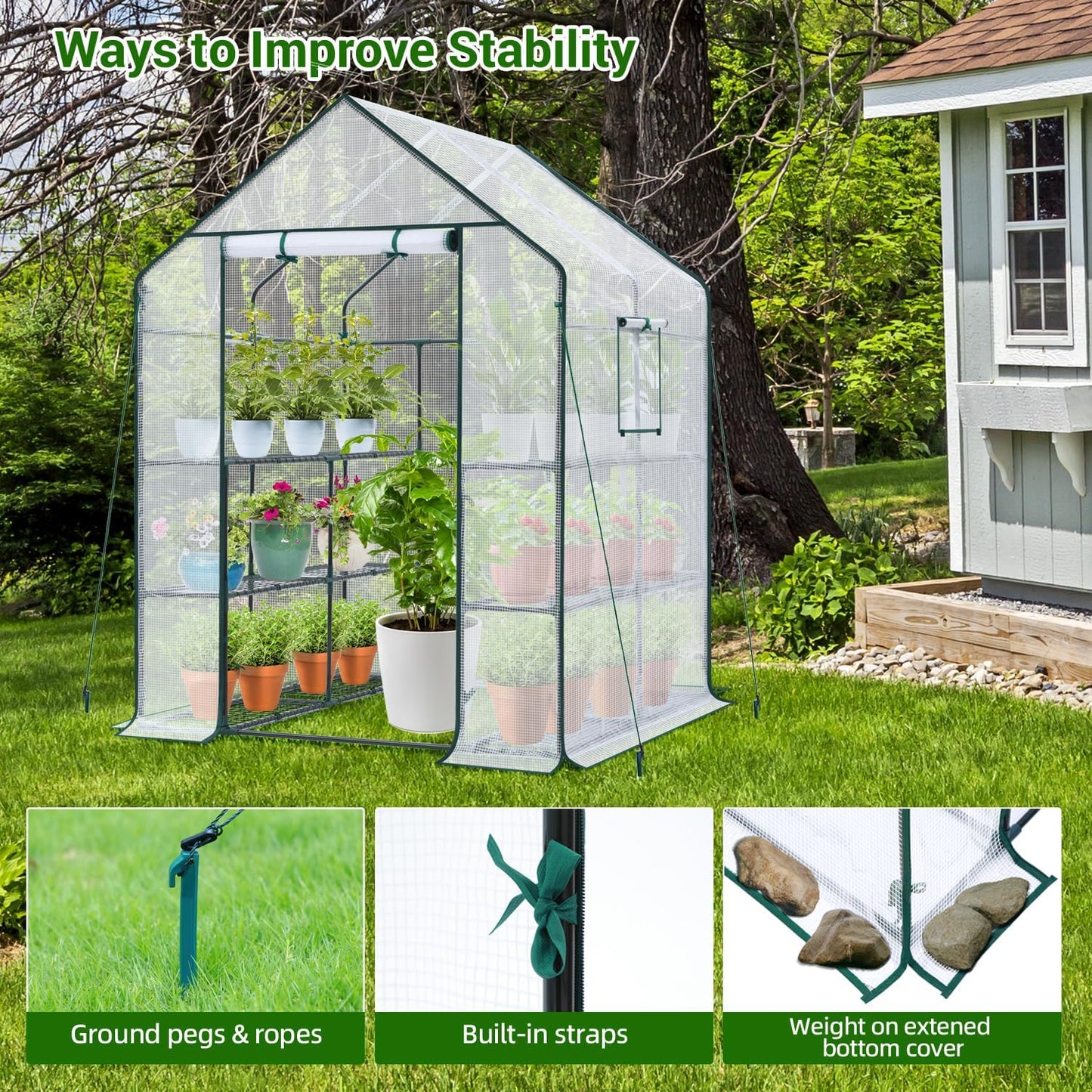 Ohuhu Greenhouse for Outdoors: 3 Tiers 12 Shelves Walk-in Indoor Green House Heavy Duty Plant Stands Reinforced Plastic PE Cover Mini Portable Warm House for Outside, 4.8x2.5x6.4 FT