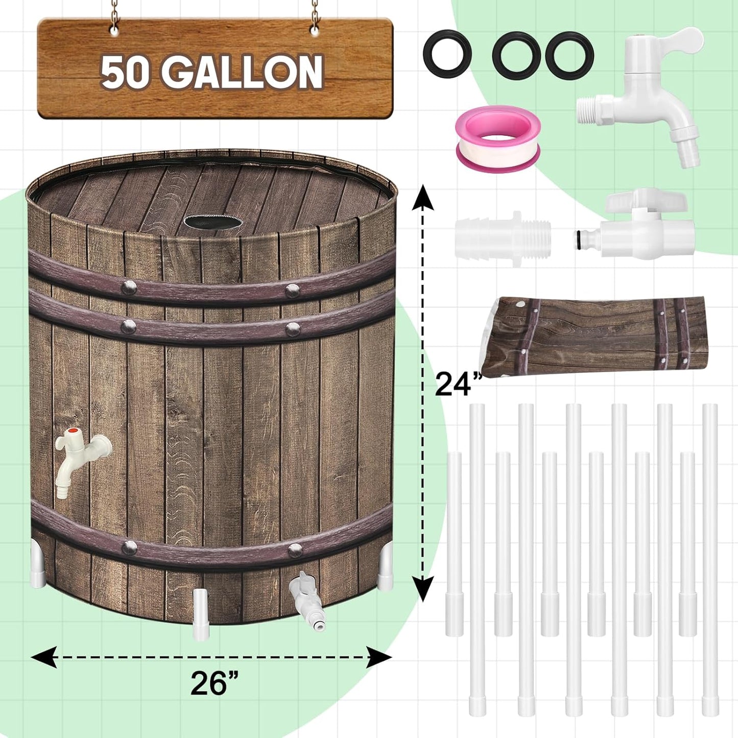 Collapsible Rain Barrels, 50 Gallon Rain Water Collection Barrel, Rain Catcher Barrels to Collect Rainwater from Gutter, Leak-Proof Design, Woodgrain