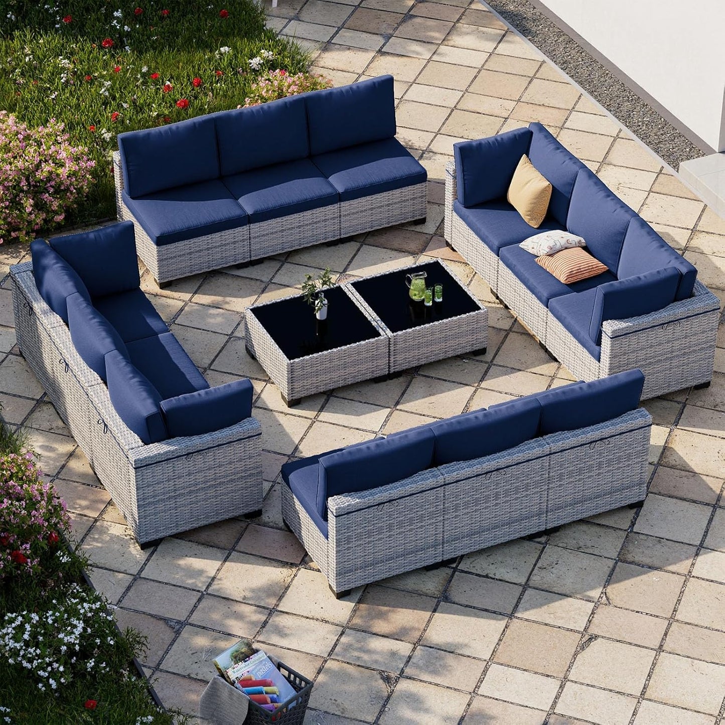 14-Piece Patio Furniture Set, Outdoor Sectional with Thick Cushions, Modular Patio Sofa, Dual-Strand Wicker Rattan, Rust-Resistant Frame, Backyard Furniture for Garden, Deck, Navy Blue