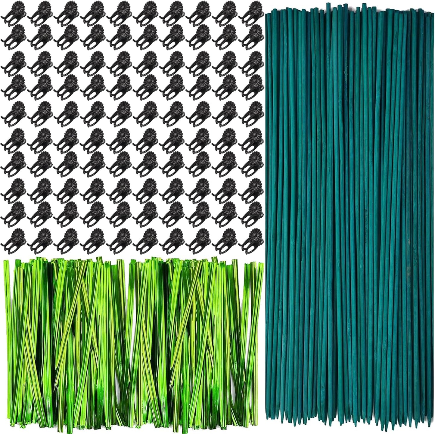 RONYOUNG 100 Pieces Green Bamboo Plant Stakes with 100 Pieces Orchid Clips and 100 Metallic Twist Ties for Supporting Stems Vines Stalks Grow Upright