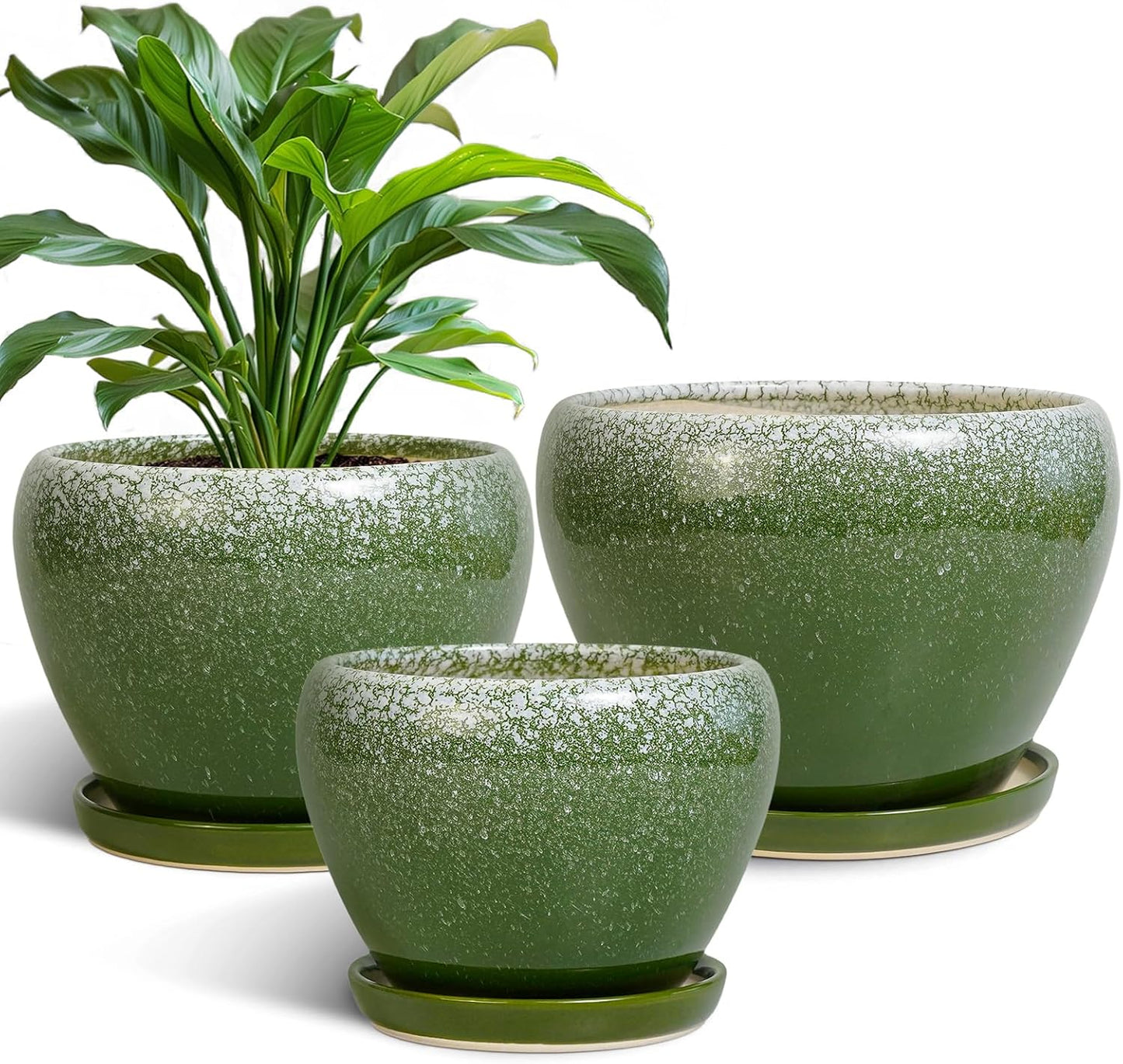 Ceramic Pots for Plants, 10+8+6 Inch Round Decorative Planters for Indoor Outdoor with Drainage Holes and Saucers, Office Garden Room Patio Decor, Gifts for Plant Lovers, Set of 3, Green