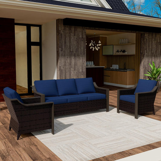 3 Piece Wicker Patio Conversation Set, All-Weather Use Outdoor Wicker Sofa with 2 PE Rattan Chair, Removable Water-Resistant Cushion, Ideal for Porch, Backyard, Balcony, Poolside, Blue