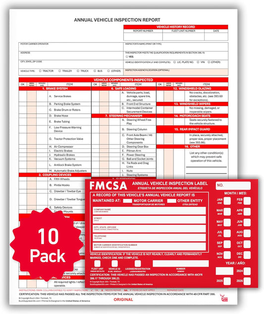 10 Pack 3-Ply Carbonless Annual Vehicle Inspection Report Forms with FMCSA Red Aluminum Adhesive Labels, DOT Inspection Forms and Stickers, Shrink-Wrapped, 8.5" x 11.75" - Made in USA