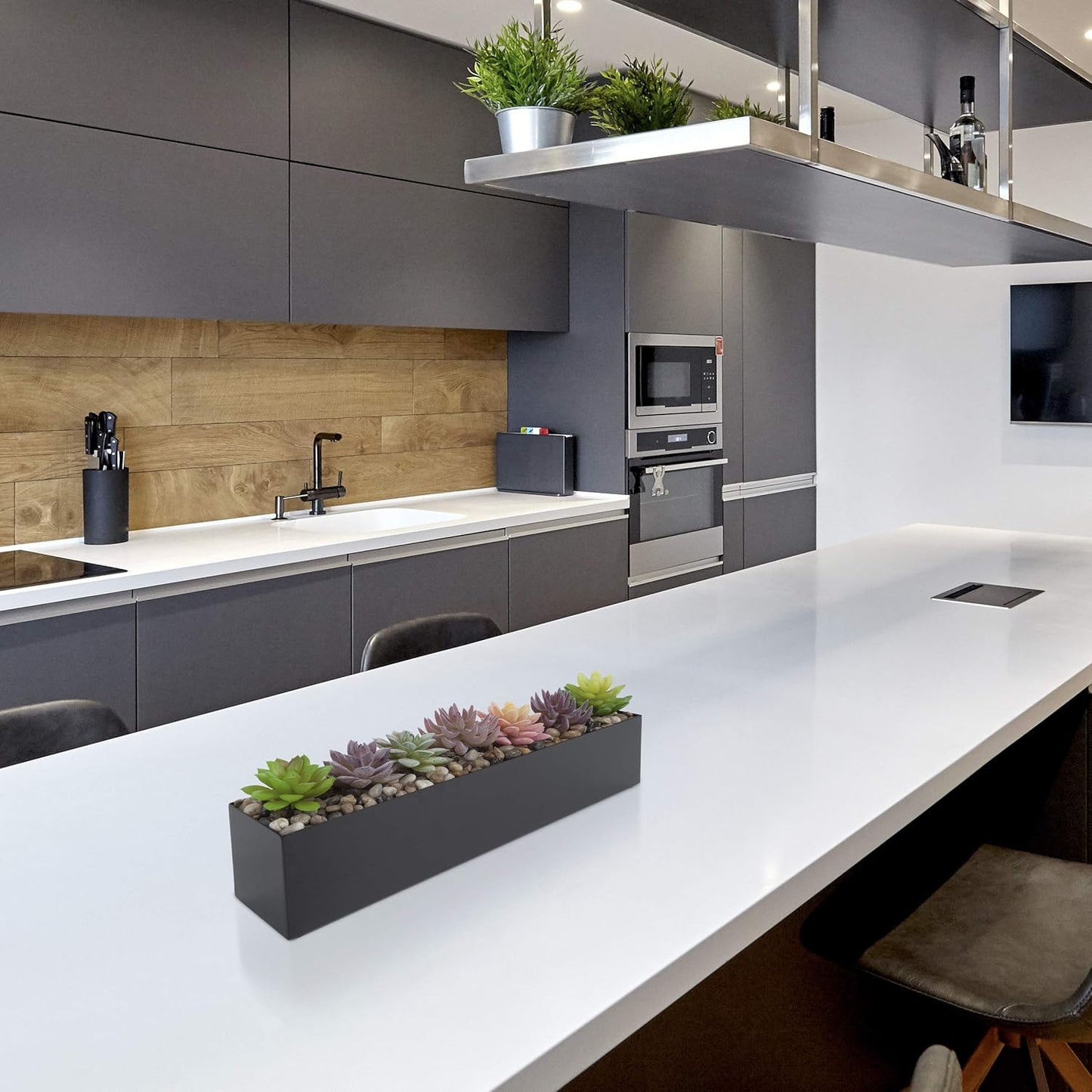 Modern Black Trough Rectangular Planter, 16“ Metal Window Planter Box for Succulent, Small Rectangle Box for Desk or Windowsill, Stainless Steel, Great Gift Ideas for Women Men