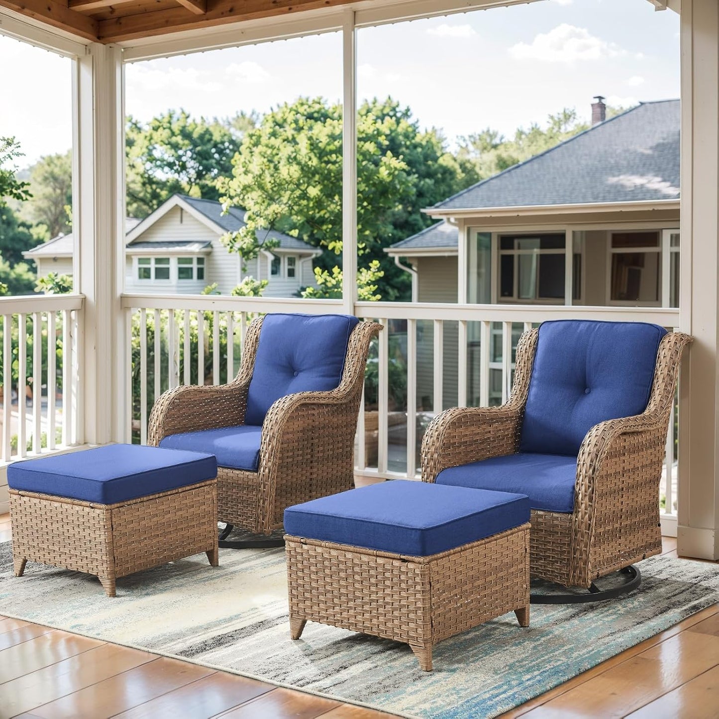 4 Pieces Patio Furniture Sets, Wicker Patio Swivel Glider Chair with Ottomans, Outdoor Furniture Set for Outside Porch, Deck, Balcony, Garden, Yellow