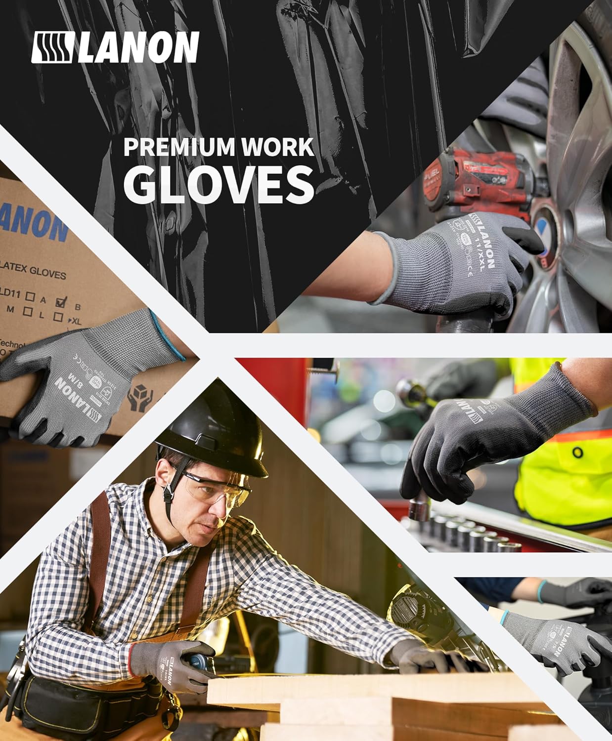 LANON 18 Pairs Safety Work Gloves, Mechanic Working Gloves for Men,Breathable PU Coated, Seamless Knit,Double Wash, Grey, Large