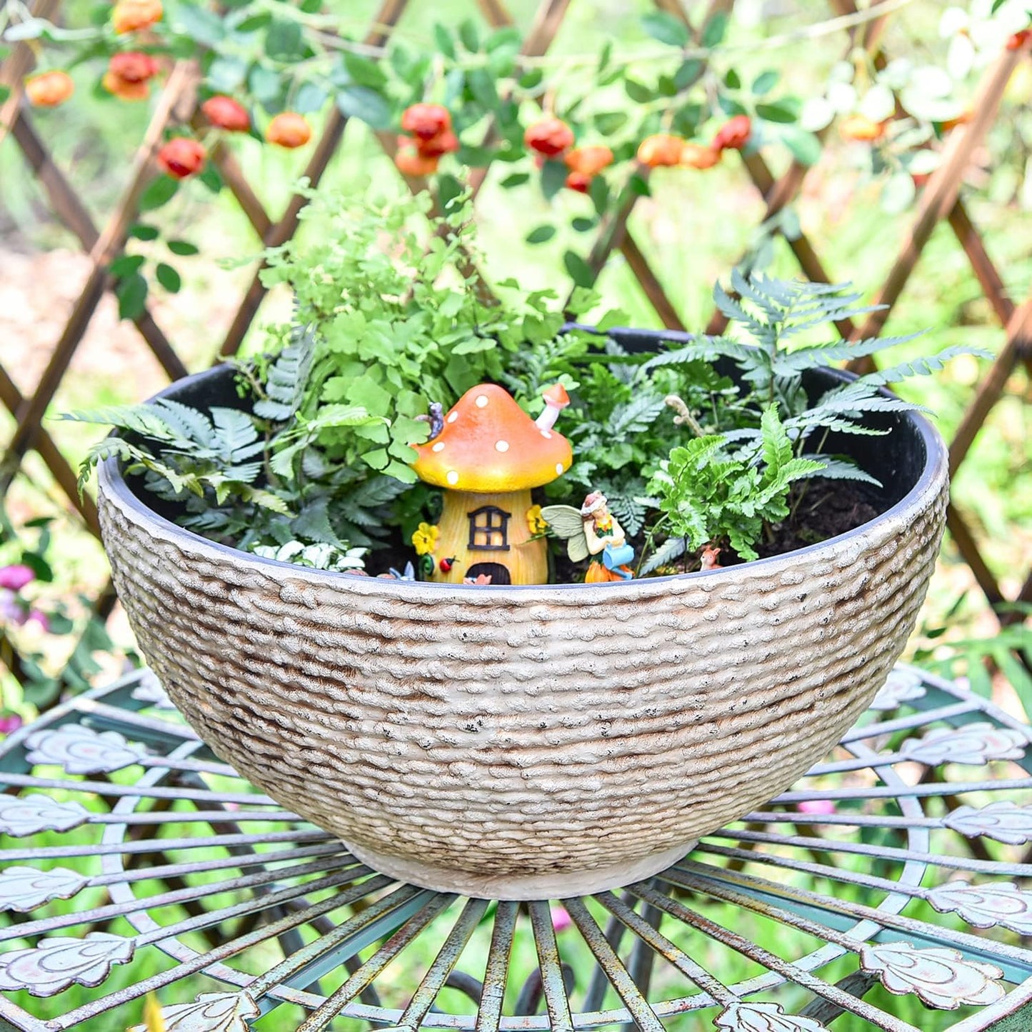 Sungmor Large Garden Bowl Planter Water Plant Pot, Miniature Landscaping Succulent Planter, 15.6 Inch Marble Texture Water Lily Pots, Small Fountain Base Mini Fish Pond Bird Bath