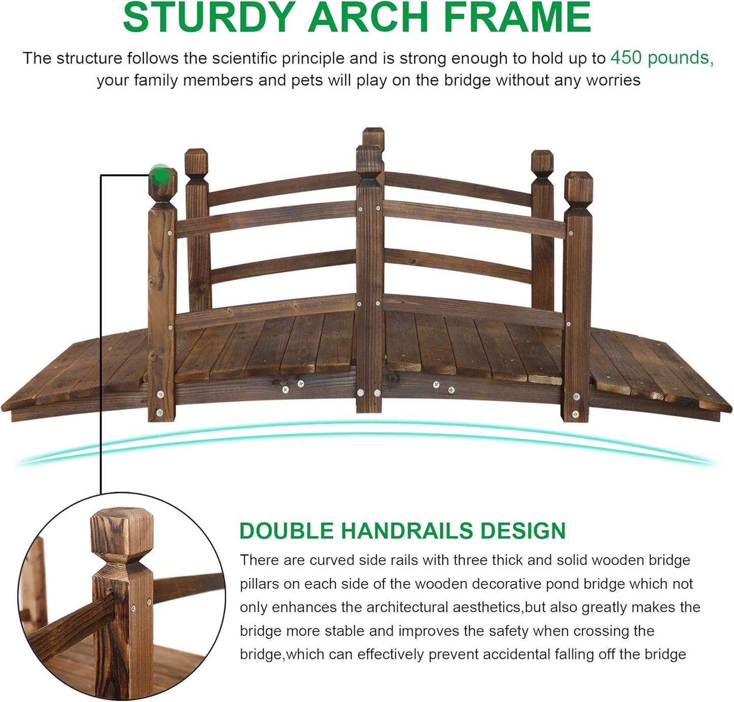 5FT Wooden Garden Bridge Arch Stained Finish Footbridge Decorative Backyard Bridge with Double Safety Railings Outdoor Lawn Pond Bridge Walkway for Garden Yard Patio Courtyard Farm Stream Creek