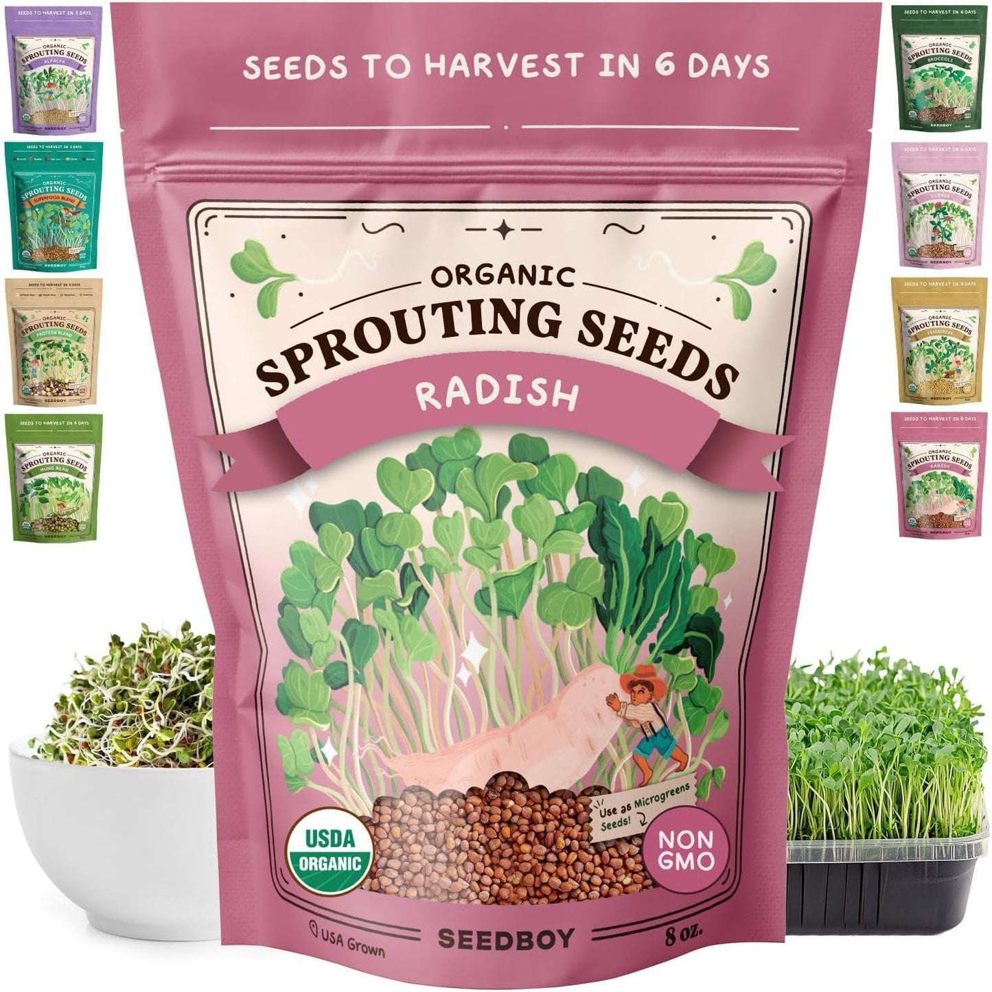 Seedboy Organic Radish Seeds for Sprouting - Non-GMO, USA Grown Microgreens Sprouting Seeds Mix - Makes 8 Quarts of Sprouts, 24 Servings (8 oz) (Daikon Radish)