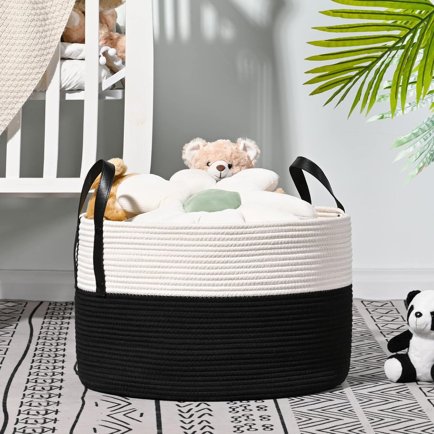KAKAMAY Large Blanket Basket (20"x13"),Woven Baskets for storage Baby Laundry Hamper, Cotton Rope Blanket Basket for Living Room, Laundry, Nursery, Pillows, Baby Toy chest (White/Black)