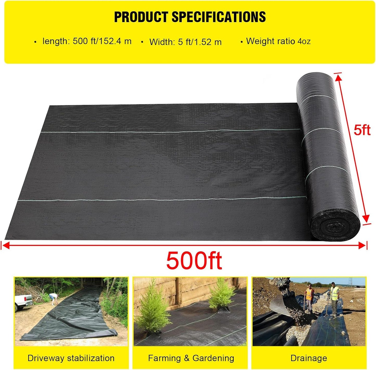 Driveway Fabric - 5x500 ft Heavy Duty 4OZ French Drain Fabric for Erosion Control & Landscape Weed Barrier