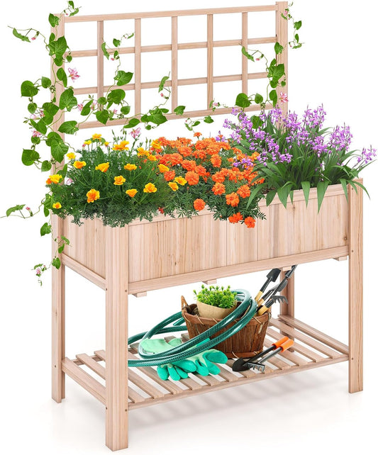 S AFSTAR Raised Garden Bed with Trellis, 42x21x58in Elevated Planter Box with Legs, Bottom Storage Shelf, Planter Liner, Wood Standing Planter Stand for Climbing Plants Flowers Vegetables Herbs