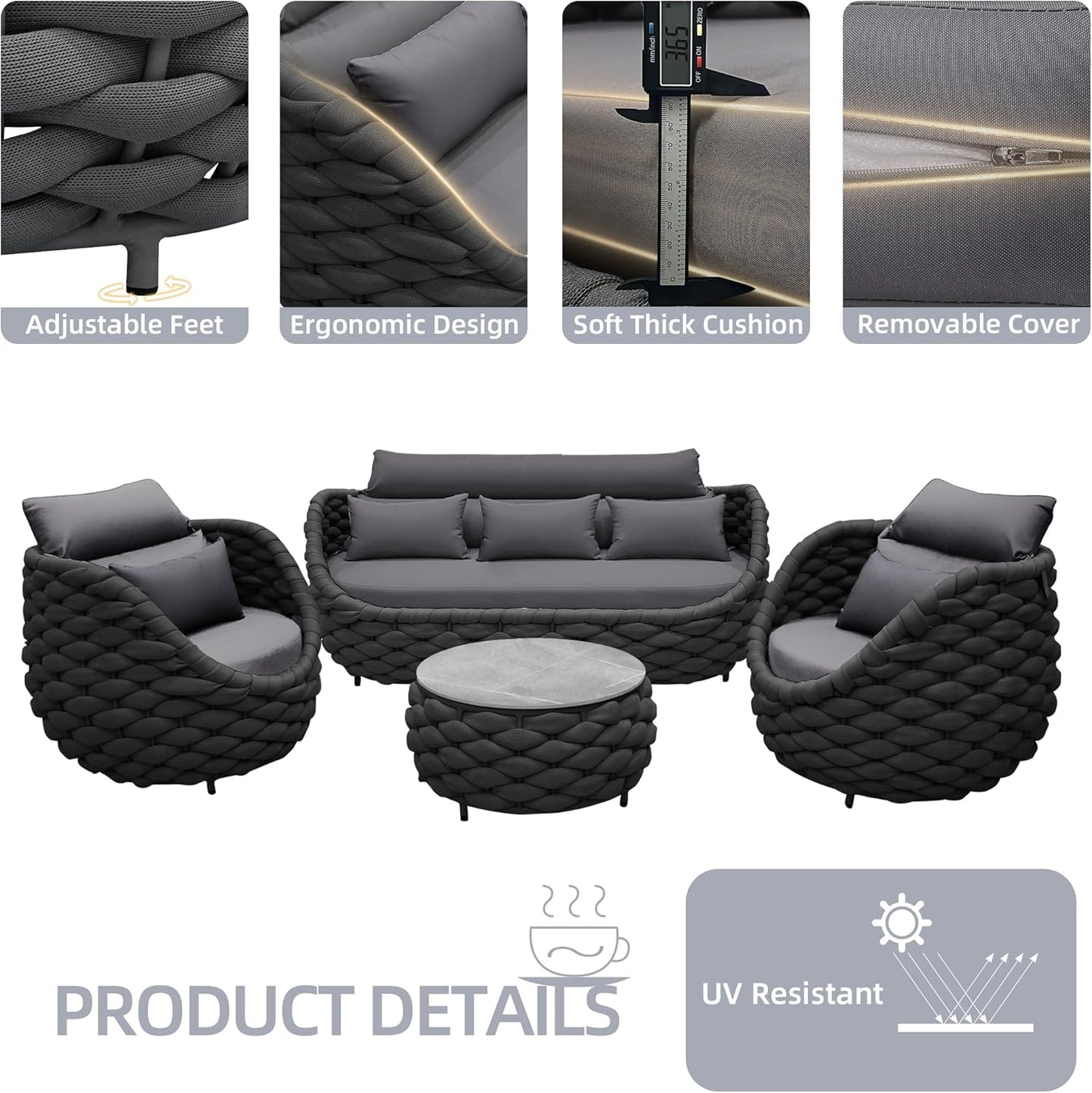 TWT Aluminum Patio Furniture Set Three Seater Sofa Outdoor Furniture Set w/Coffee Table,Patio Conversation Set with Hand Woven Polyester Rope for Bedroom Backyard Poolside, Dark Grey