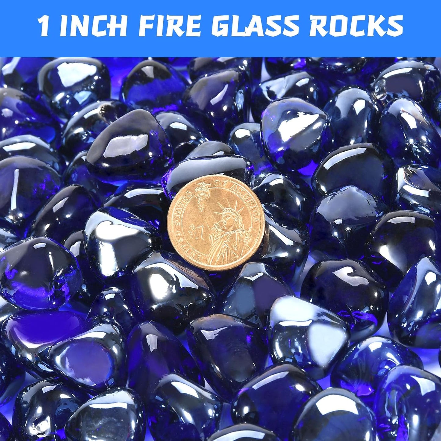Fire Glass for Propane Fire Pit, Fireplace and Outdoor Decoration, Cobalt Blue Firepit Rocks 20 Pounds, High Luster 1 Inch Diamond Glass Beads