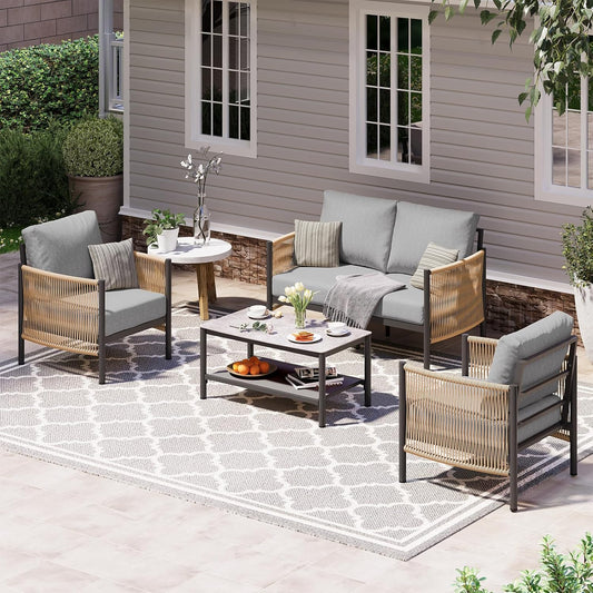 Aluminum Outdoor Patio Furniture Set, HDPE Rope 4 Piece Modern Sectional Conversation Sets with Dual-Layer Coffee Table, All Weather Patio Couch Sofa with Thick Cushions, Gray Frame, Gray