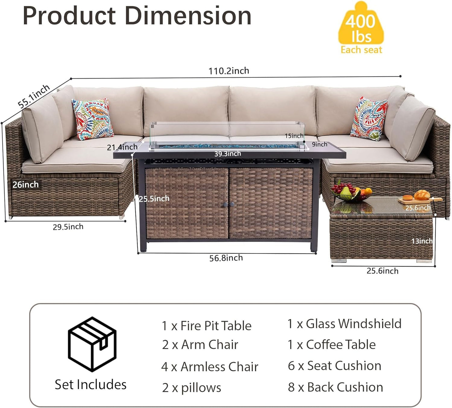 25-Pc Patio Furniture Set - 7 Piece Outdoor Rattan Sofa Set with 57" Fire Table and 17 Accessories, Modular Sofa Set for Garden/Poolside, Beige/Brown