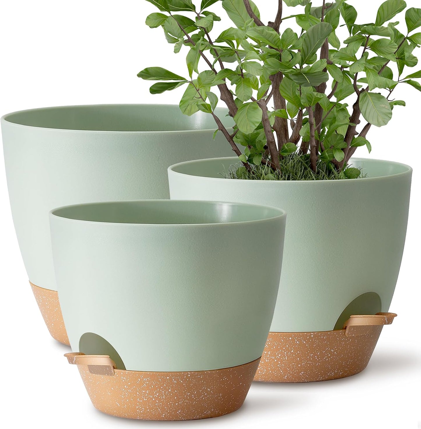 Plant Pots 12/10/9 inch Set of 3, Self Watering Flower Pots Indoor Outdoor, Planters with Drainage Hole Saucer Reservoir, Green