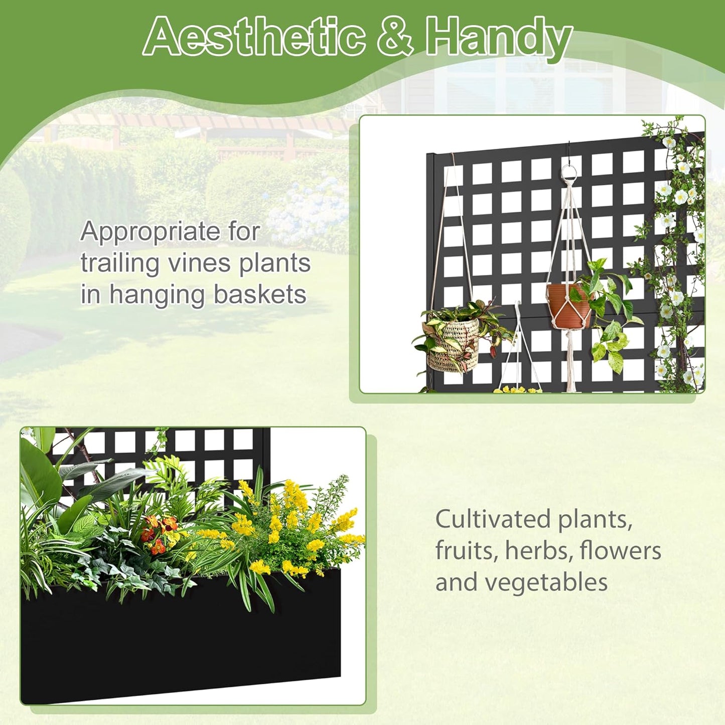 Metal Raised Garden Bed, Trellis Planters Bed with Drainage Holes for Climbing Plants, Vegetables Outdoor Privacy Screen with Planter Box 73"x35"x16", Black