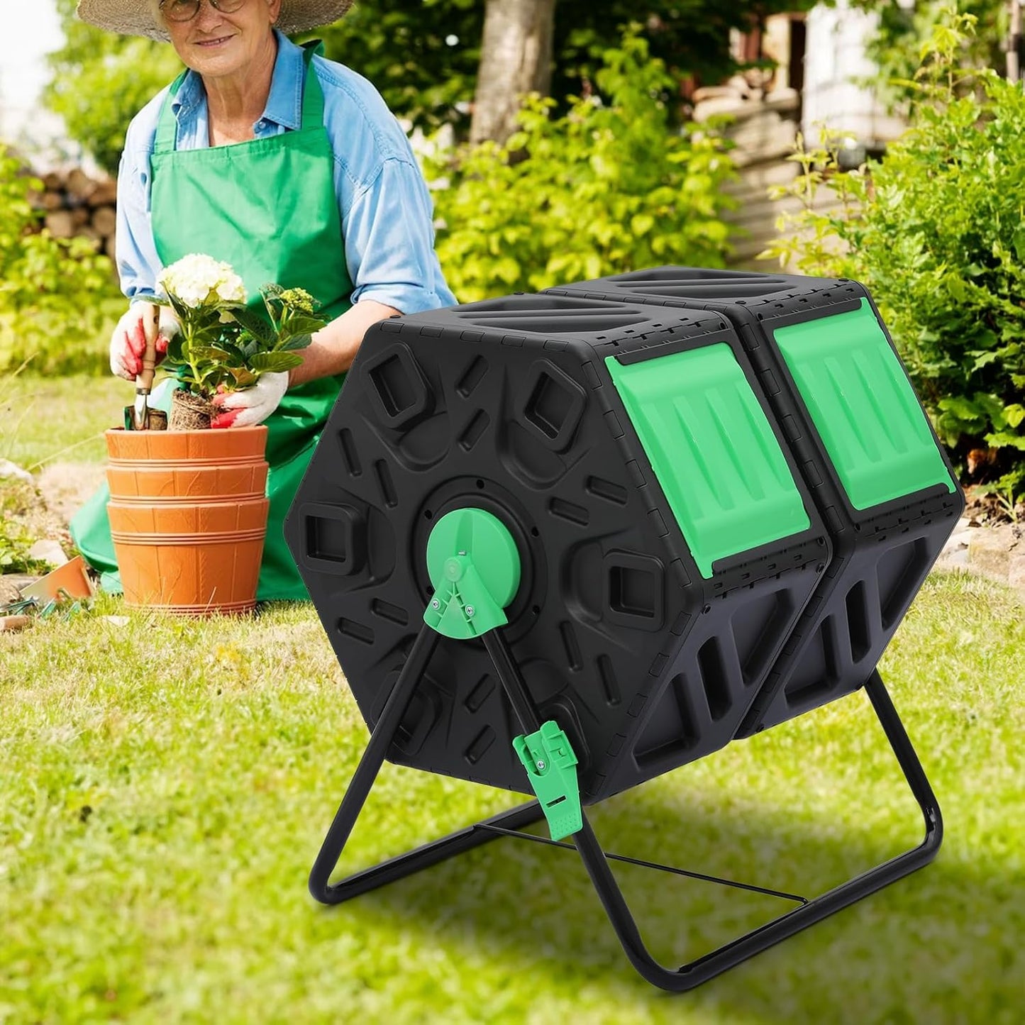 Magshion 34 Gal Dual Chamber Compost Tumbler from BPA Free Material, Outdoor All-Season Fast-Working High Volume Composter Tumbling Bin, Sliding Doors