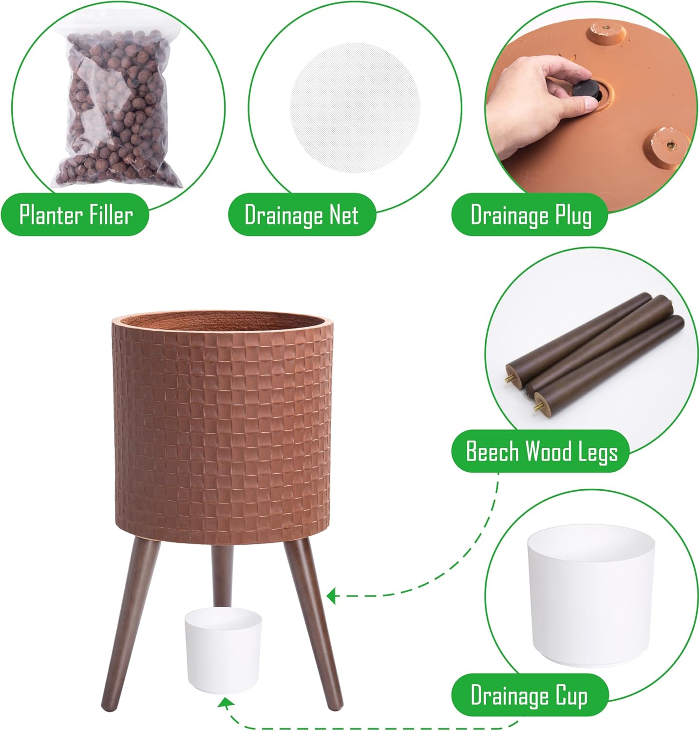 D'vine Dev 12 Inch Modern Geometric Tile Patterned Sleek Planter Pot with Stand, Indoor Outdoor Decorative Plant Holder, Terra Cotta, 88-Z-C-3