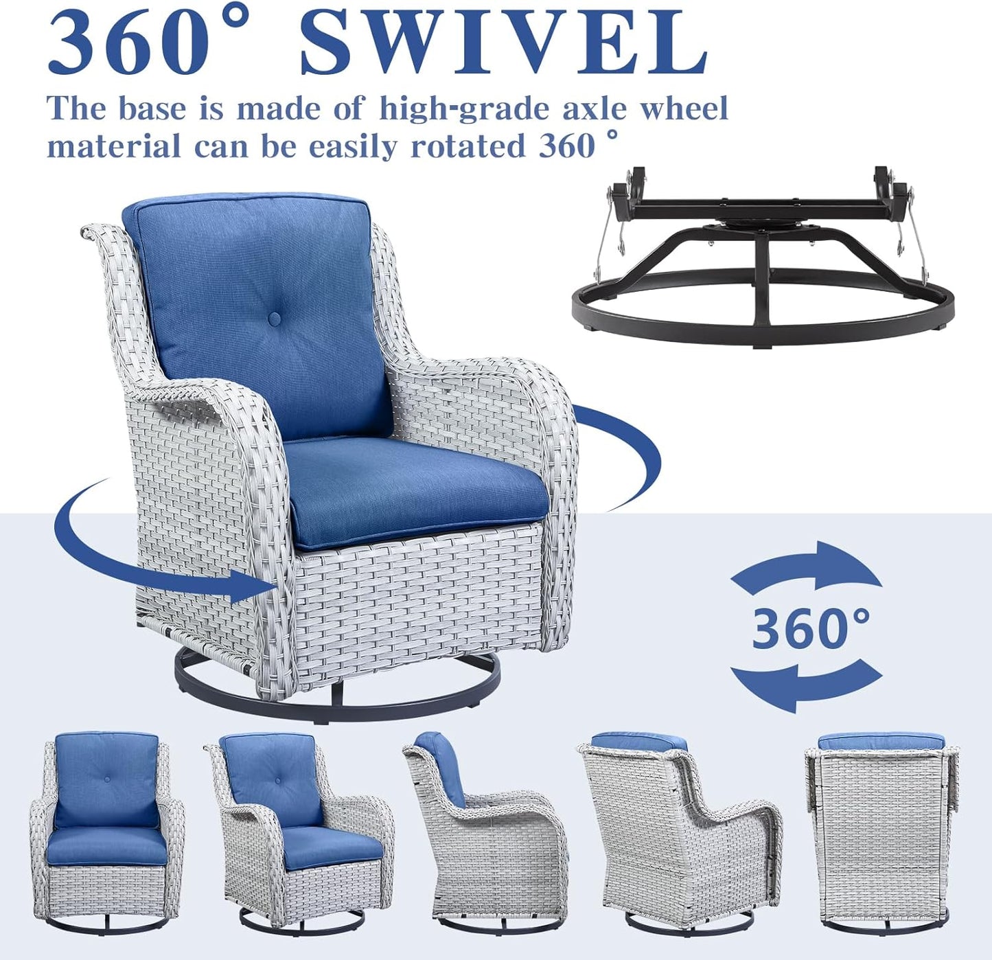 Outdoor Swivel Rocker Furniture 5 Pieces Patio Wicker Furniture Sets, Rattan Patio Swivel Glider Chairs with 2 Ottoman and Glass Side Table