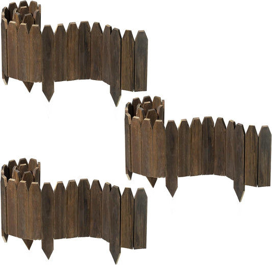 Wood Fence Border for Garden Beds – 9.8" H x 47" L Wooden Landscape Edging Panels, Rustic Decorative Outdoor Divider for Lawn, Path, and Yard Design (3-Pack, Covers 11.75 Ft)