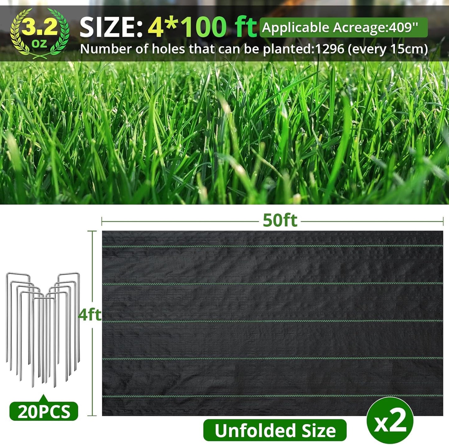 4FT x 100FT Weed Barrier Landscape Fabric, 3.2oz Premium Heavy Duty Lawn Garden Cloth, Woven Geotextile Ground Cover with 20 U-Shaped Pegs for Gardening, Farming, Driveway, Greenhouse(2 Pack 4x50ft)