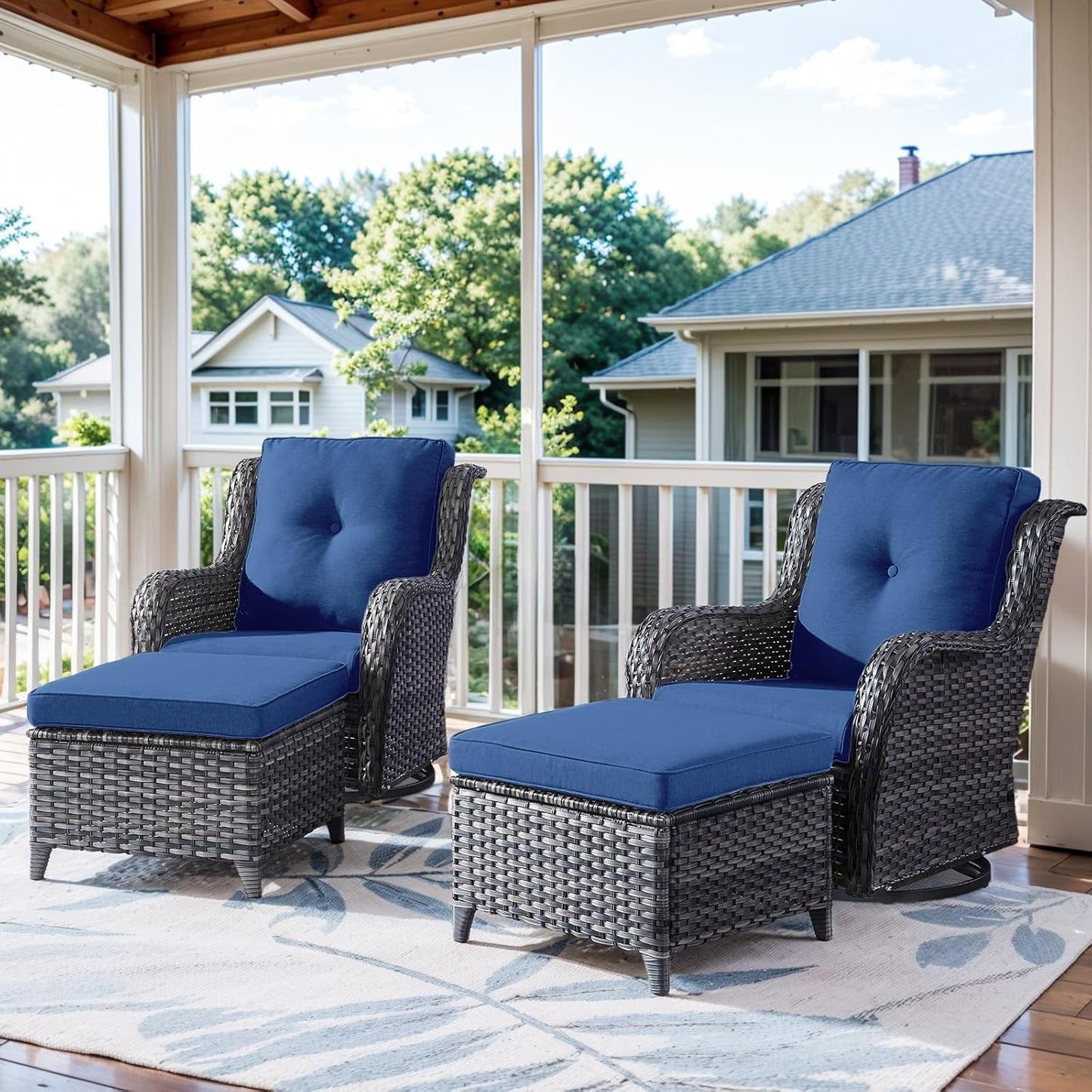 4 Pieces Patio Furniture Sets, Wicker Patio Swivel Glider Chair with Ottomans, Outdoor Furniture Set for Outside Porch, Deck, Balcony, Garden